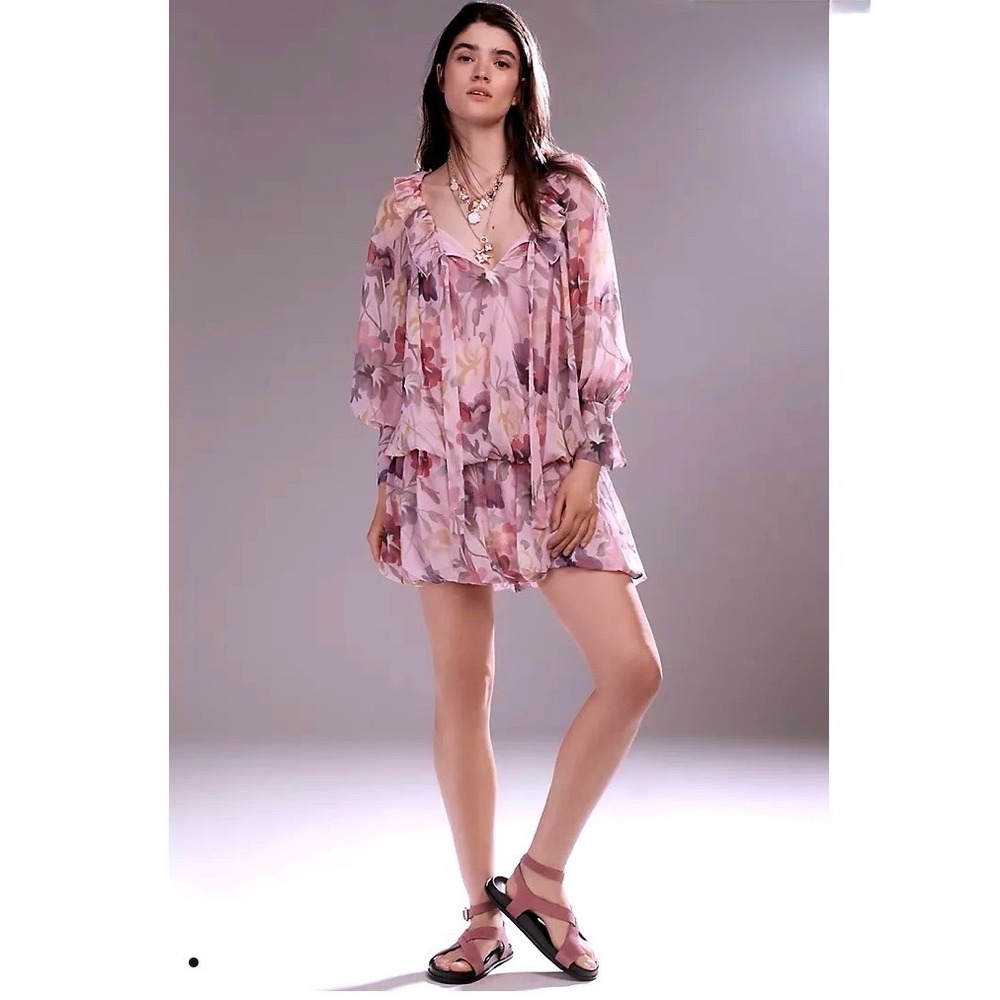 Anthropologie Mare Mare Mini Dress Large Floral Chiffon Long Sleeve NWT